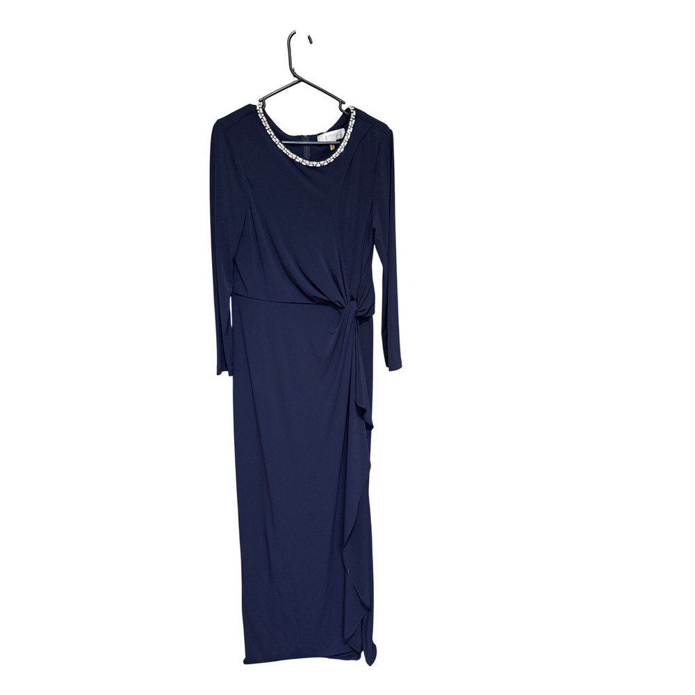Tahari Gown Maxi Dress Rhinestone Neck 14 Navy Blue Excellent Side Knot Long Slv